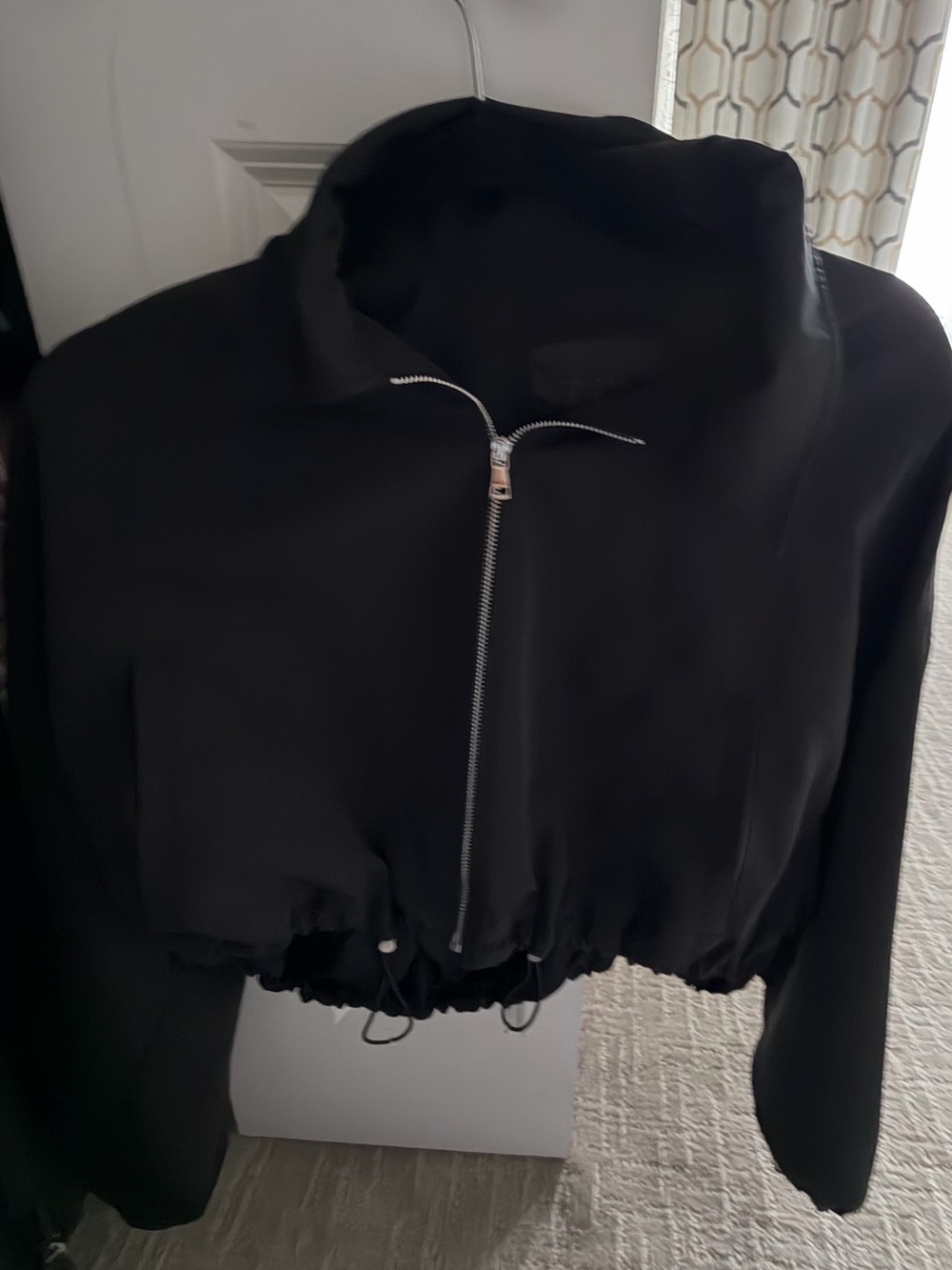 Zara Black Cropped Bomber Jacket with Drawstring Hem